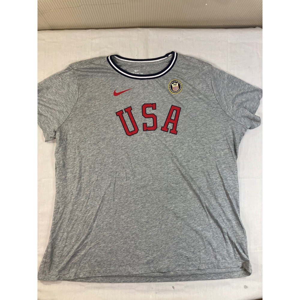 Nike USA Olympics Gray Heather Short Sleeve T-Shirt Mens XXL Ribbed Collar